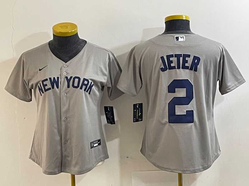 Womens New York Yankees #2 Derek Jeter Name 2021 Grey Field of Dreams Cool Base Stitched Jersey